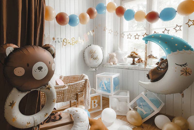 Teddy Bear on the Moon Foil Balloon - Light Blue & Gold Tassel | 28x34 Inches - Image 3